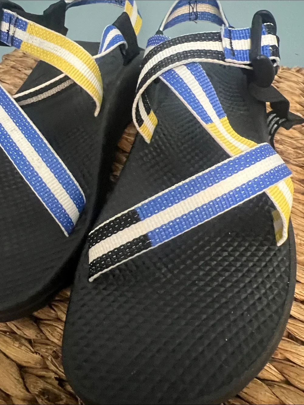 Chaco Black Sandal with Blue, White & Yellow Straps Kids Sz 6